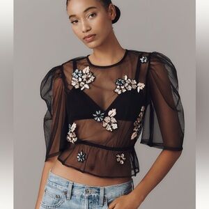 By Anthropologie embellished sheer mesh top beaded